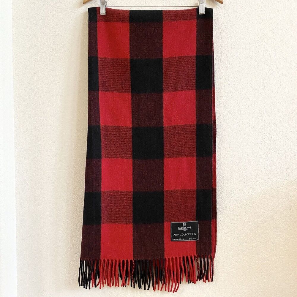 Patrick King Alba Collection‎ Red Black  Plaid Merino Wool Blanket 72 x 31”Throw